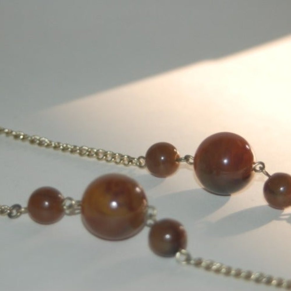 Silvertone Chain Necklace with Brown Beads